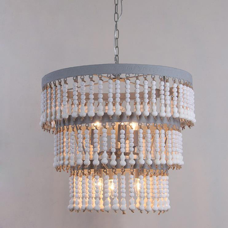 Modern Transitional Round Wood Bead Hardware 6-Light Chandelier For Living Room