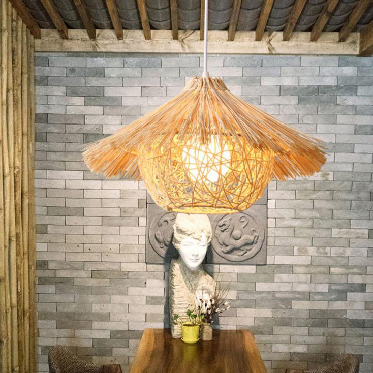 Traditional Rustic Rattan Weaving Straw Hat 1-Light Pendant Light For Dining Room