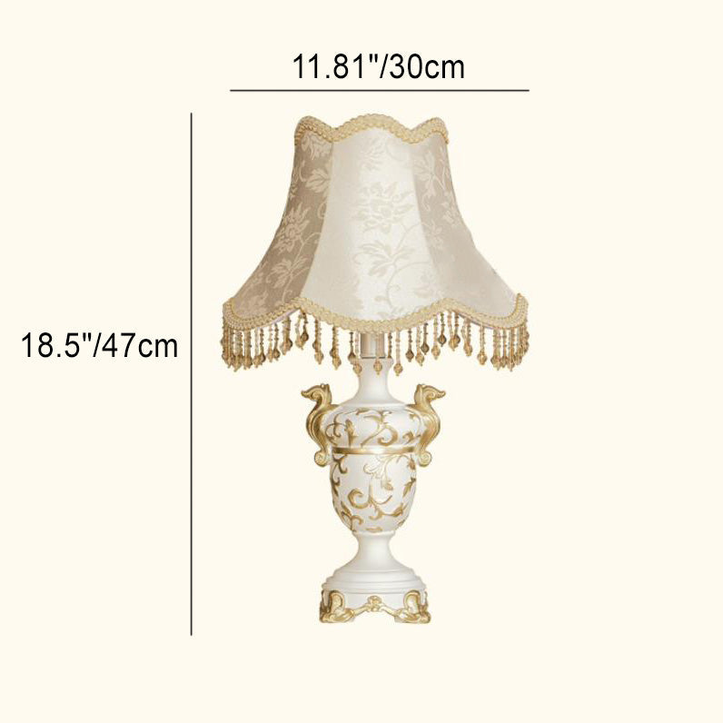 Traditional European Vintage Pleated Cone Fabric Tassel 1-Light Table Lamp For Living Room