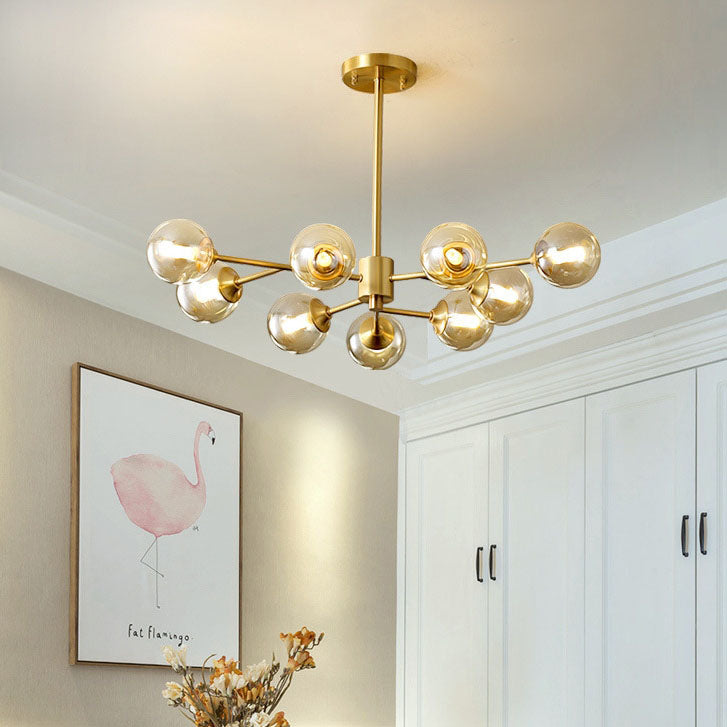 Modern Mid-century Brass Frame Molecular Glass Ball Shade 6/9/12/15-Light Chandelier For Living Room