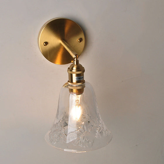 Traditional Vintage Brass Trumpet Glass Shade 1-Light Wall Sconce Lamp For Bedroom