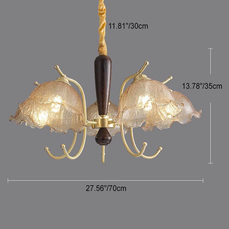 Traditional French Cream Flower Iron Solid Wood Glass 3/5 Light Chandelier For Living Room