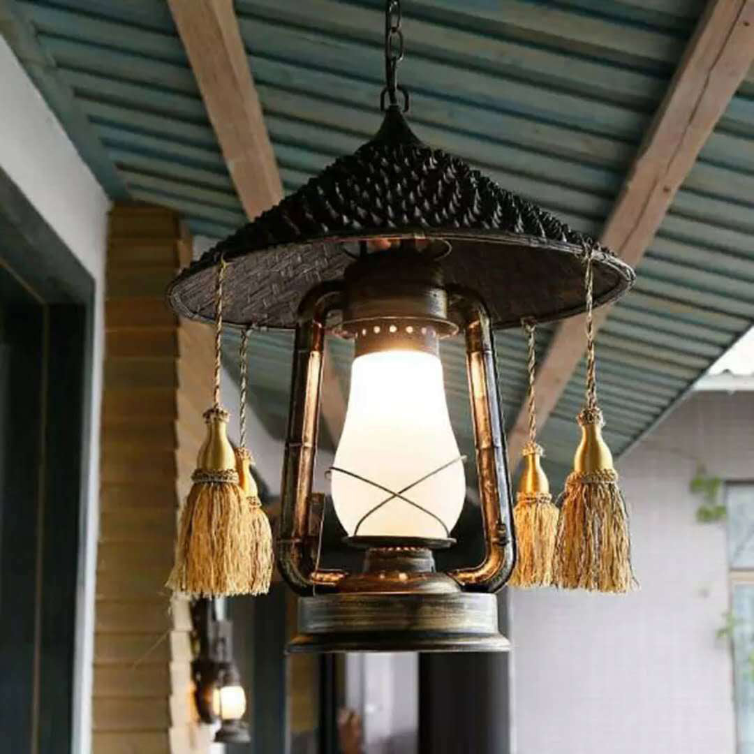 Traditional Vintage Straw Hat Horse Lamp Bamboo Iron Glass 1-Light Pendant Light For Outdoor Patio