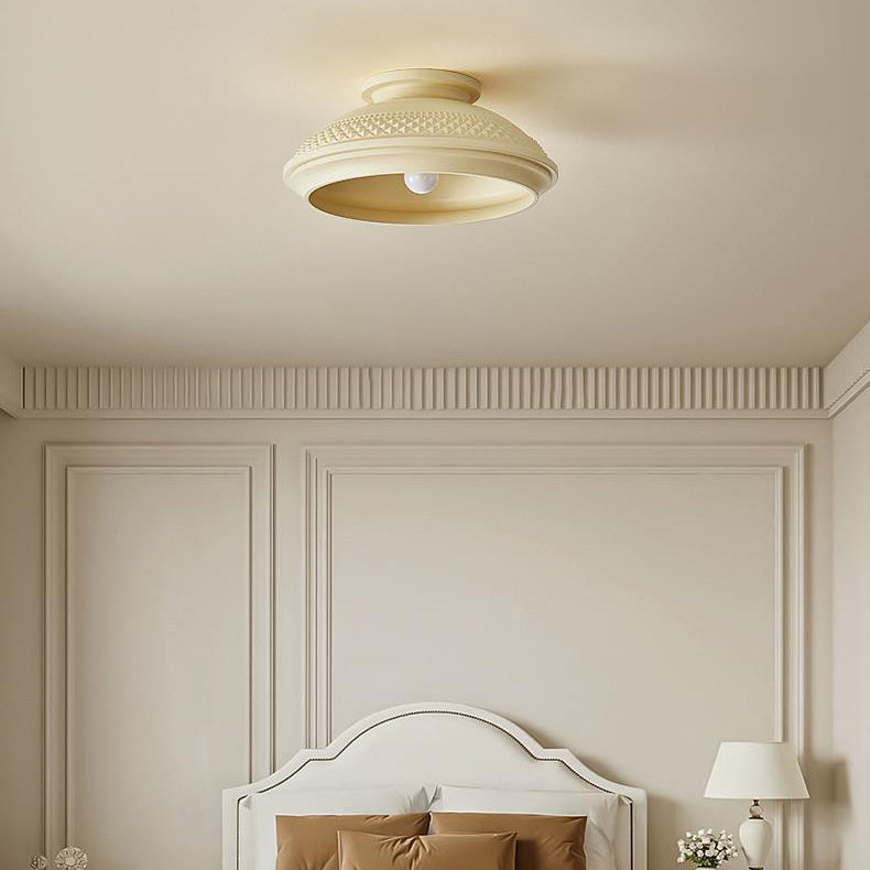 Traditional French Pastoral Checkered Pattern Round Shade 1-Light Semi-Flush Mount Ceiling Light For Living Room