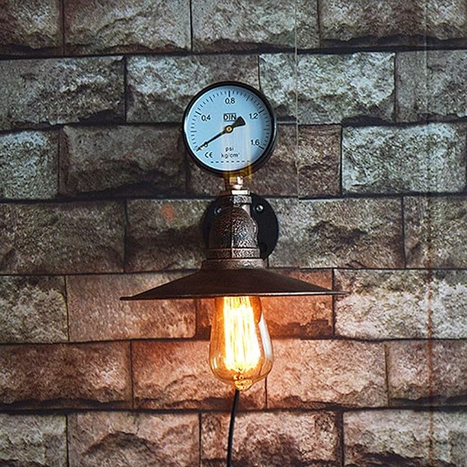 Contemporary Industrial Wrought Iron Water Pipe Temperature Gauge 1-Light Wall Sconce Lamp For Bedroom