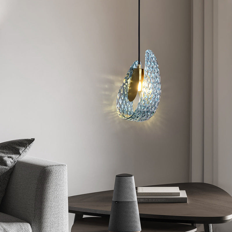 Contemporary Luxury Curved Textured Glass Brass 1-Light Pendant For Living Room