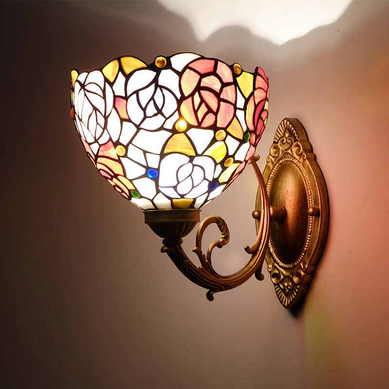 Traditional Tiffany Cup Iron Stained Glass 1-Light Wall Sconce Lamp For Living Room