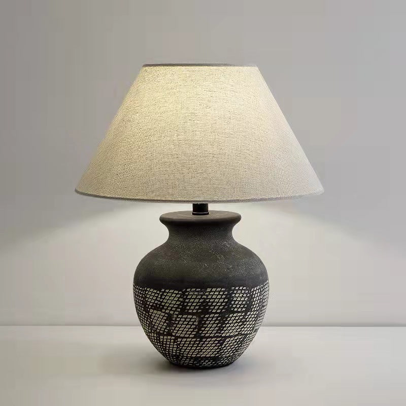 Traditional Japanese Vintage Cone Fabric Round Ceramic Jar Base 1-Light Table Lamp For Bedroom