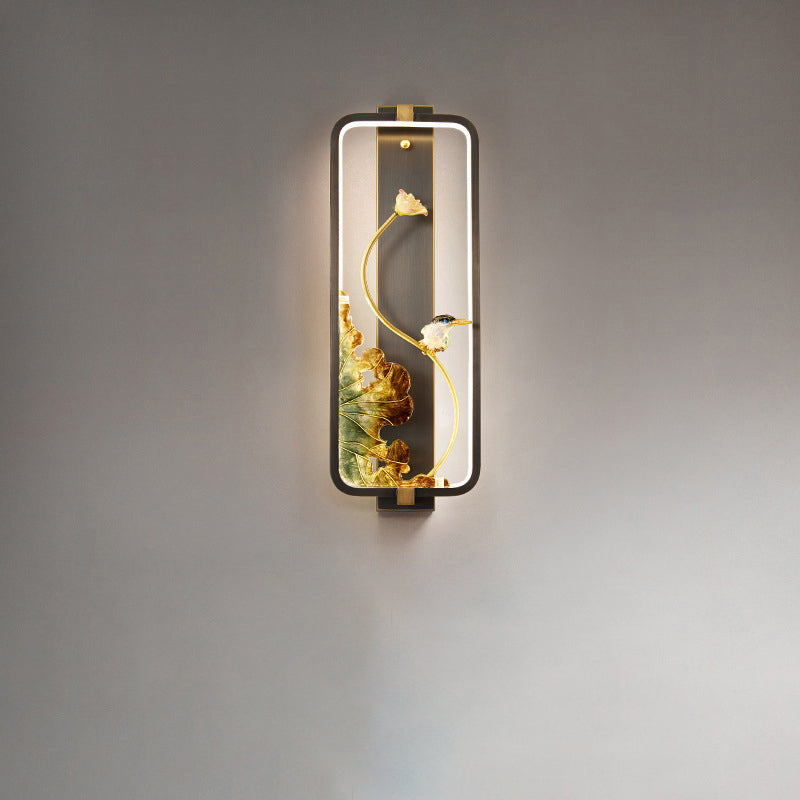 Traditional Chinese Lotus Enamel Copper Rectangular Frame LED Wall Sconce Lamp For Bedroom