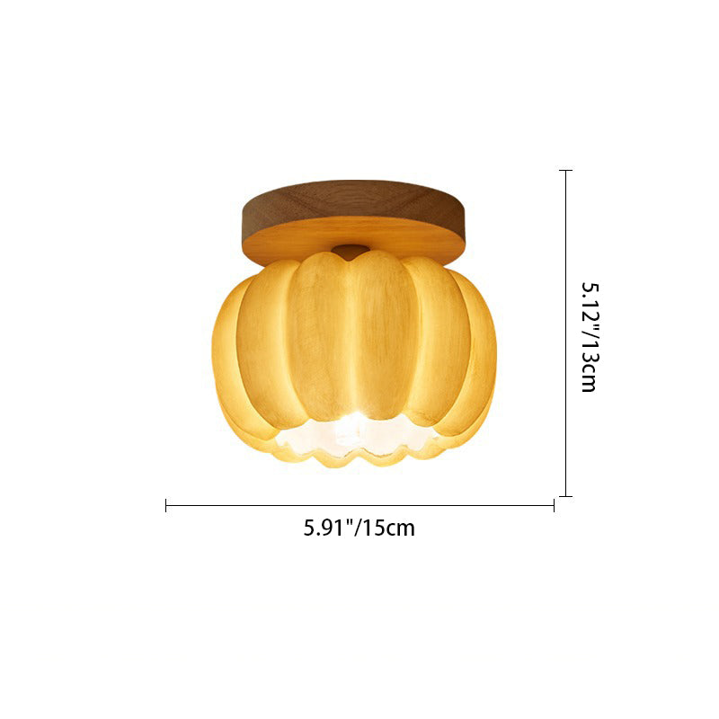 Contemporary Creative Pumpkin Solid Wood Resin Fiberglass 1-Light Semi-Flush Mount Ceiling Light For Living Room