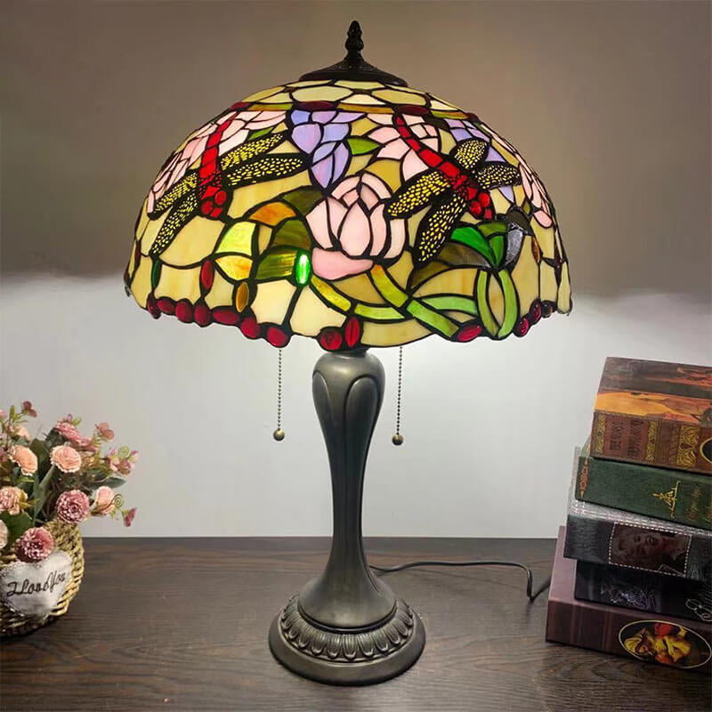 Traditional Tiffany Umbrella Flower Dragonfly Alloy Stained Glass 2-Light Table Lamp For Bedroom