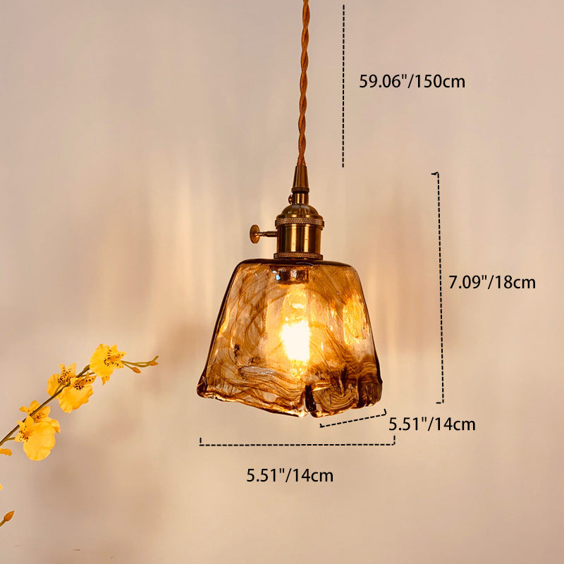 Traditional Vintage Amber Square Glass Brass 1-Light Pendant Light For Living Room