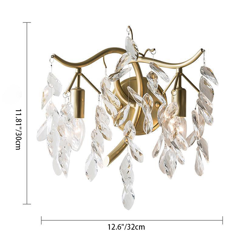 Traditional French Leaf Iron Copper Crystal 2-Light Wall Sconce Lamp For Living Room