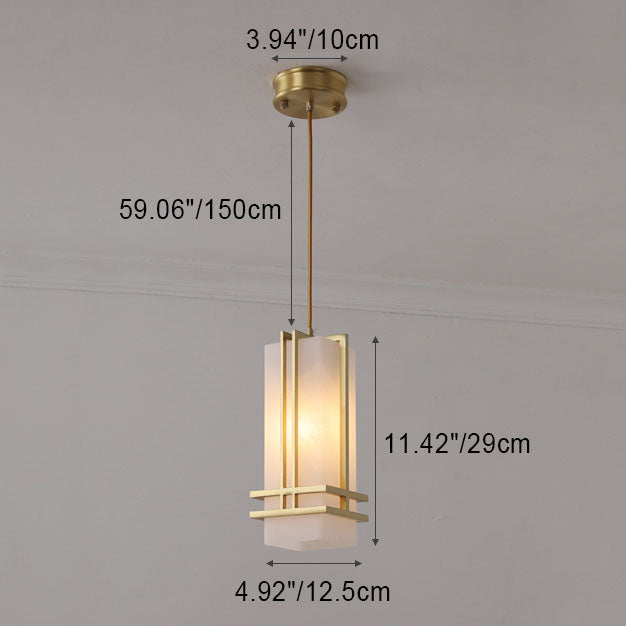 Traditional Chinese Copper Framed Glass Shade 1-Light Pendant Light For Living Room