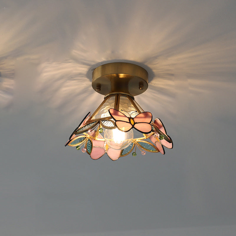 Traditional Vintage Cone Butterfly Brass Glass 1-Light Semi-Flush Mount Ceiling Light For Living Room