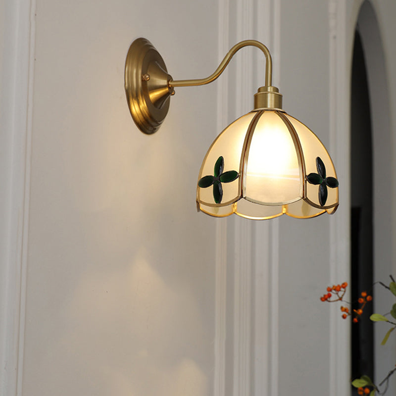 Modern Art Deco Four-Leaf Clover Brass Round Glass Shade 1-Light Wall Sconce Lamp For Bedroom