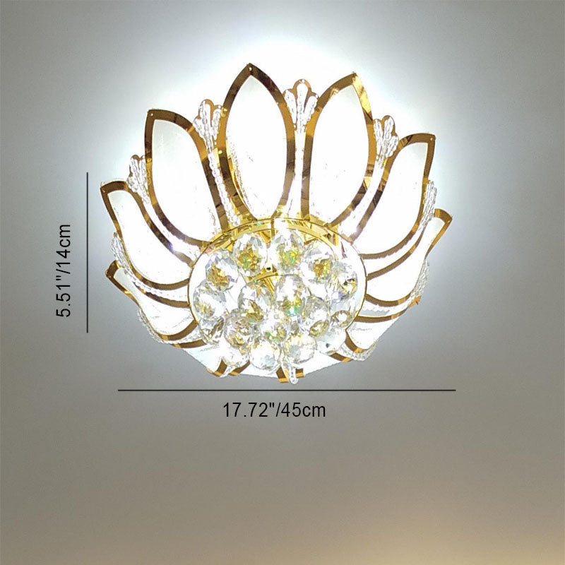 Modern Luxury Golden Glamour Lotus Frosted Glass Base Crystal Bead 4/6-Light Flush Mount Ceiling Light For Living Room