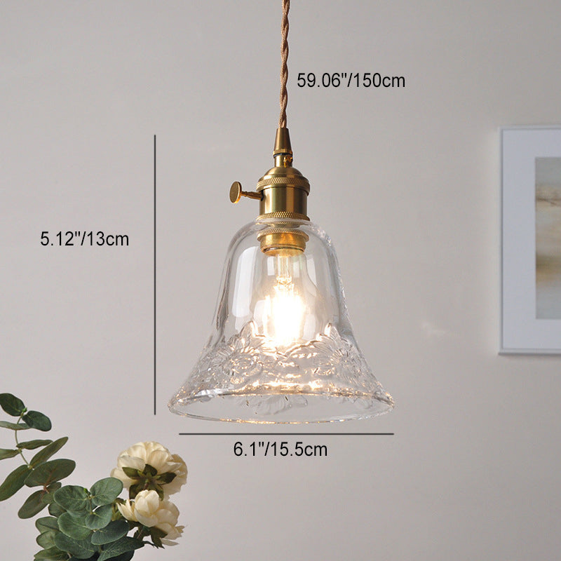 Traditional Vintage Brass Trumpet Glass Shade 1-Light Pendant Light For Bedroom