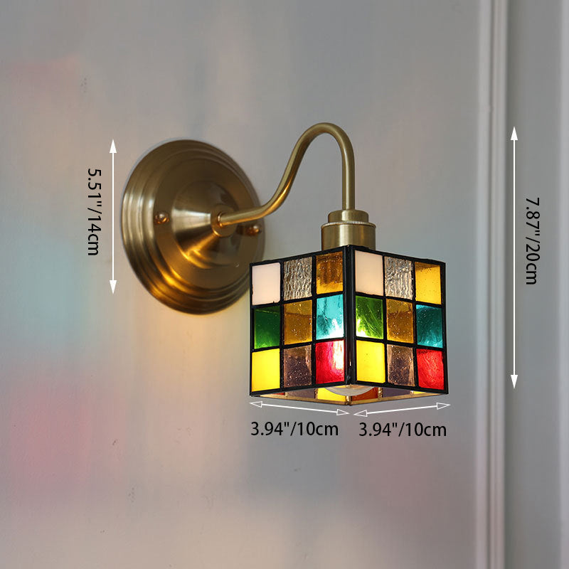 Traditional Vintage Square Rubik's Cube Tulip Brass Glass 1-Light Wall Sconce Lamp For Living Room