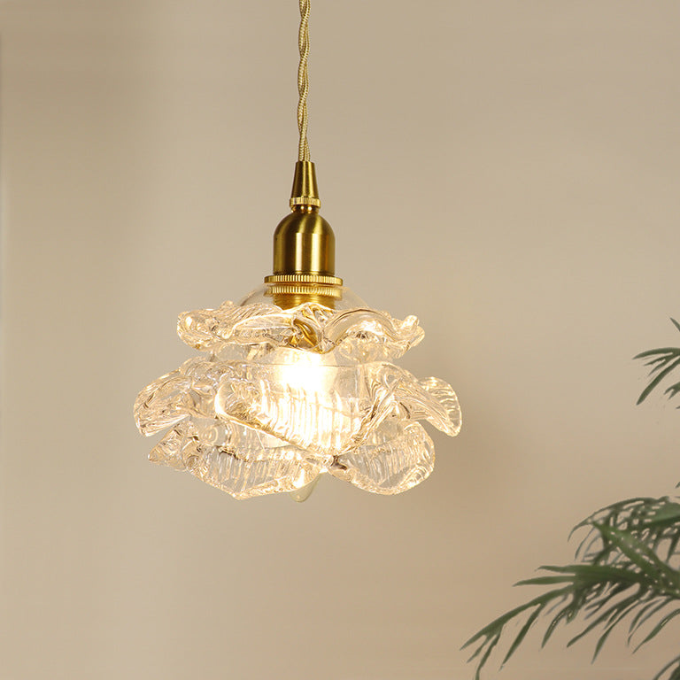 Traditional French Romantic Rose Glass Shade Brass 1-Light Pendant Light For Living Room