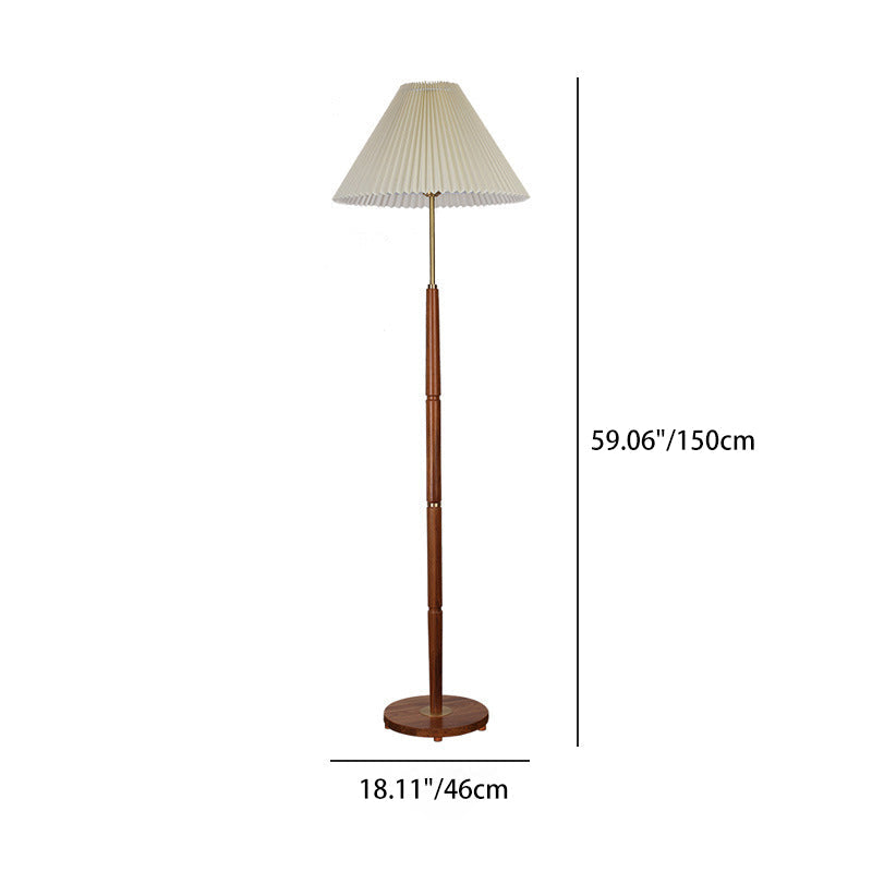 Traditional Vintage Pleated Fabric Shade Brass Walnut Splicing Base 1-Light Standing Floor Lamp For Bedroom