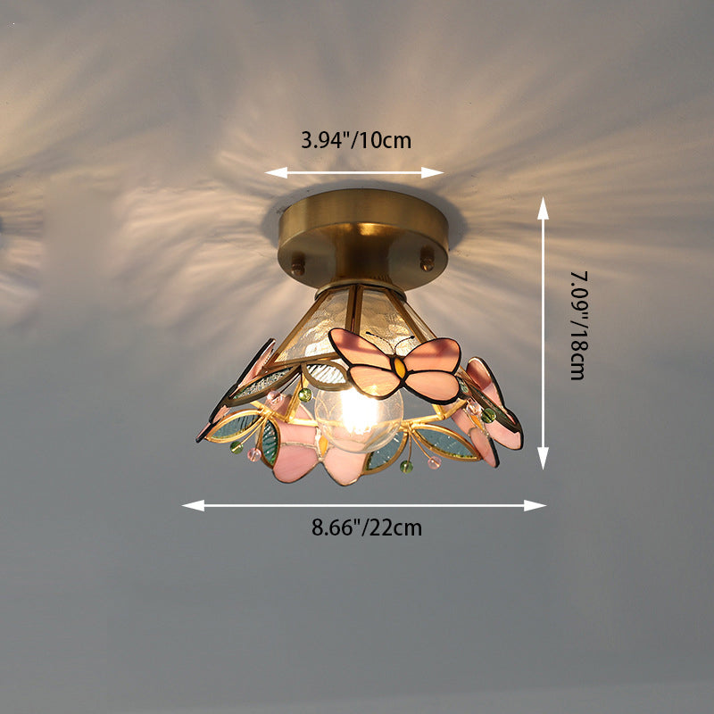 Traditional Vintage Cone Butterfly Brass Glass 1-Light Semi-Flush Mount Ceiling Light For Living Room