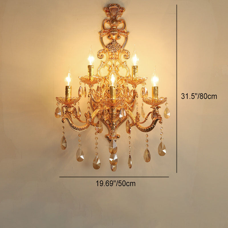 Traditional European Gold Candelabra Glass Crystal Hardware 5-Light Wall Sconce Lamp For Living Room