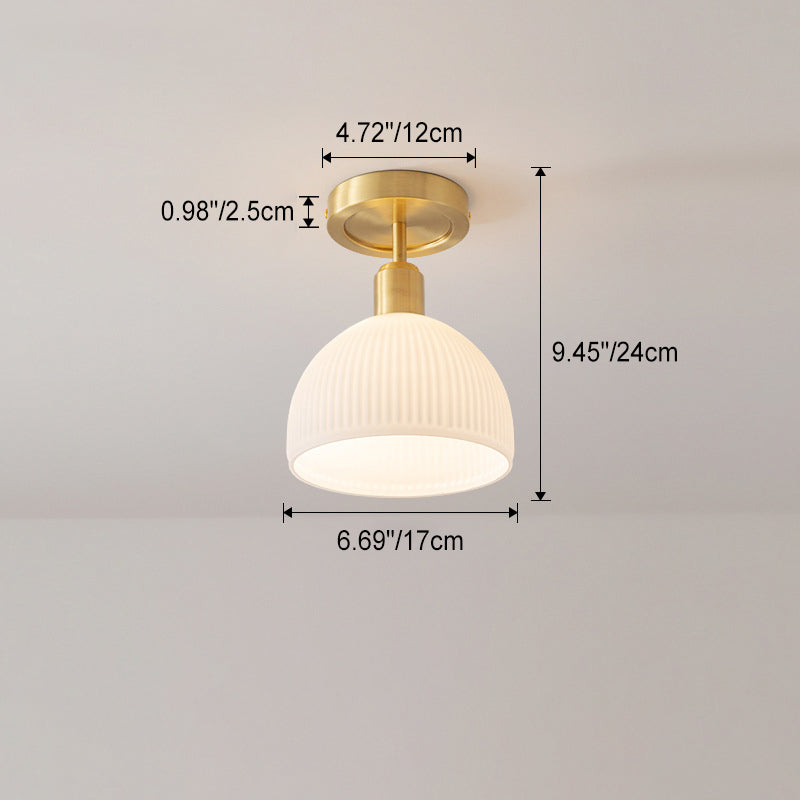 Modern Simplicity Antique Brass Frame Round Ribbed Glass 1-Light Semi-Flush Mount Ceiling Light For Dining Room