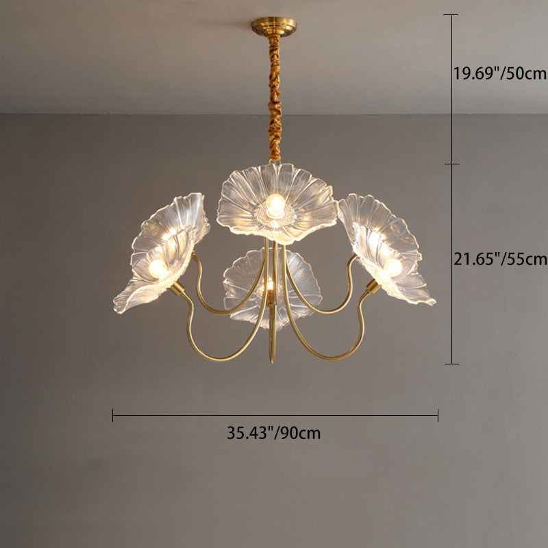 Traditional Vintage Gold Finish Frame Flower Glass Shade 6-Light Chandelier For Bedroom