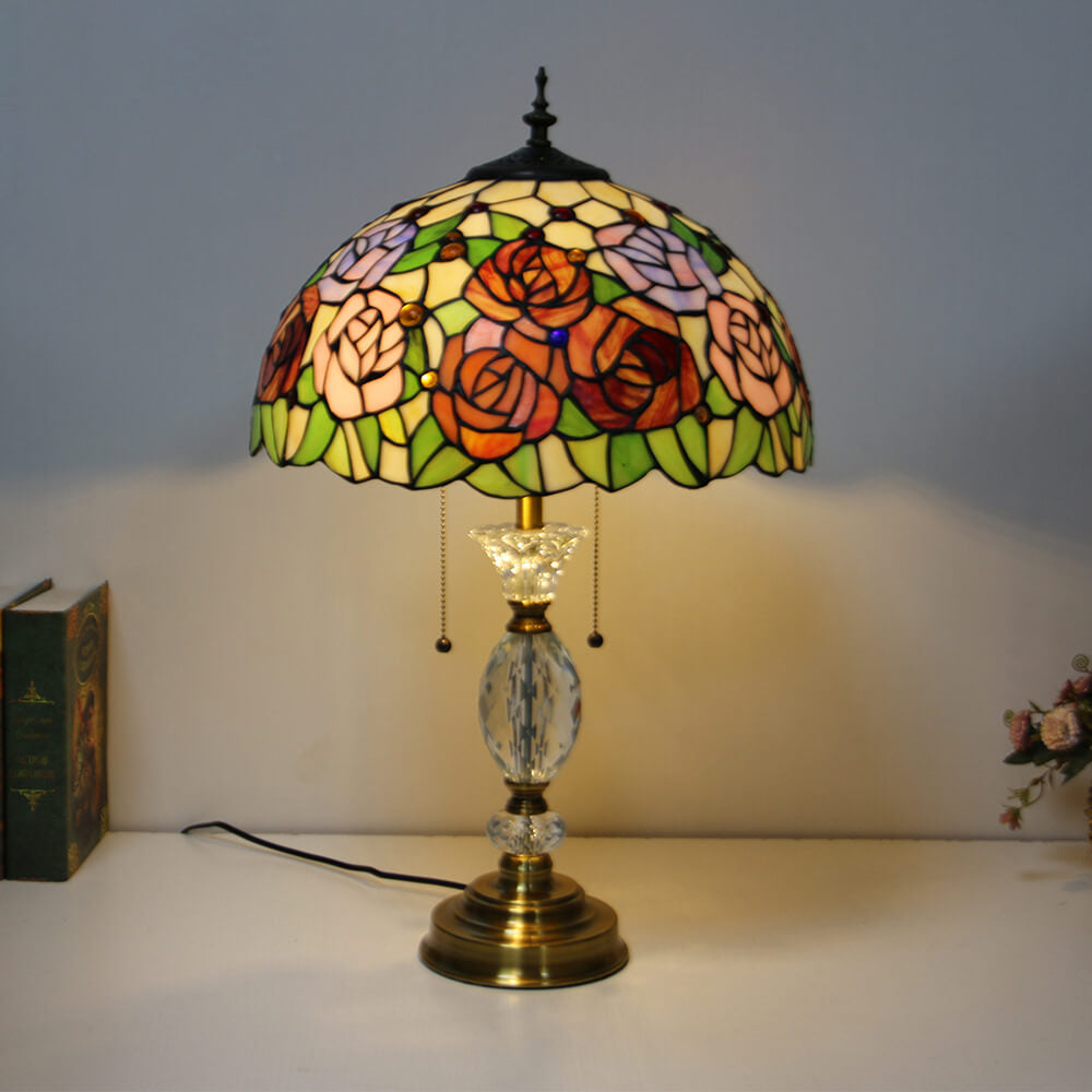 Traditional Tiffany Vintage Baroque Round Stained Glass 2-Light Table Lamp For Bedroom