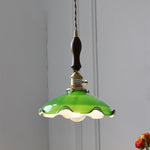 Traditional Chinese Floral Scroll Brass Glass 1-Light Pendant Light For Living Room