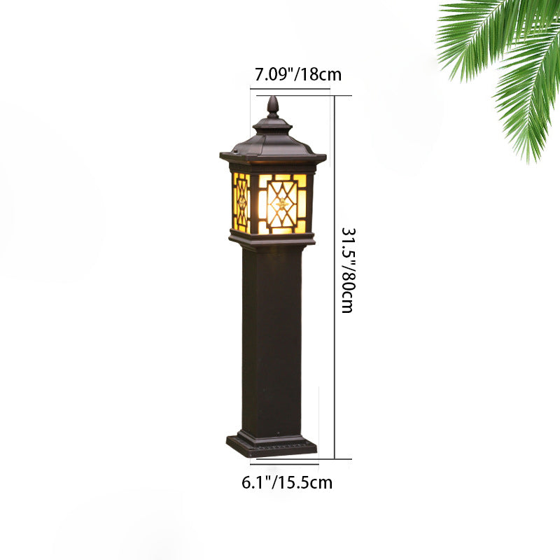 Traditional Chinese Waterproof Palace Roof Rectangular Pillar Aluminum Glass 1-Light Outdoor Lawn Landscape Light For Garden