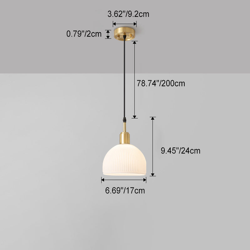 Modern Simplicity Antique Brass Frame Round Ribbed Glass 1-Light Pendant Light For Dining Room