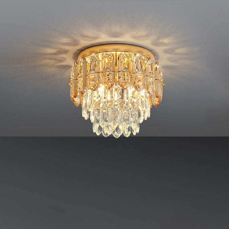 Modern Luxury Art Deco Round Crystal Gold 3-Light Flush Mount Ceiling Light For Hallway