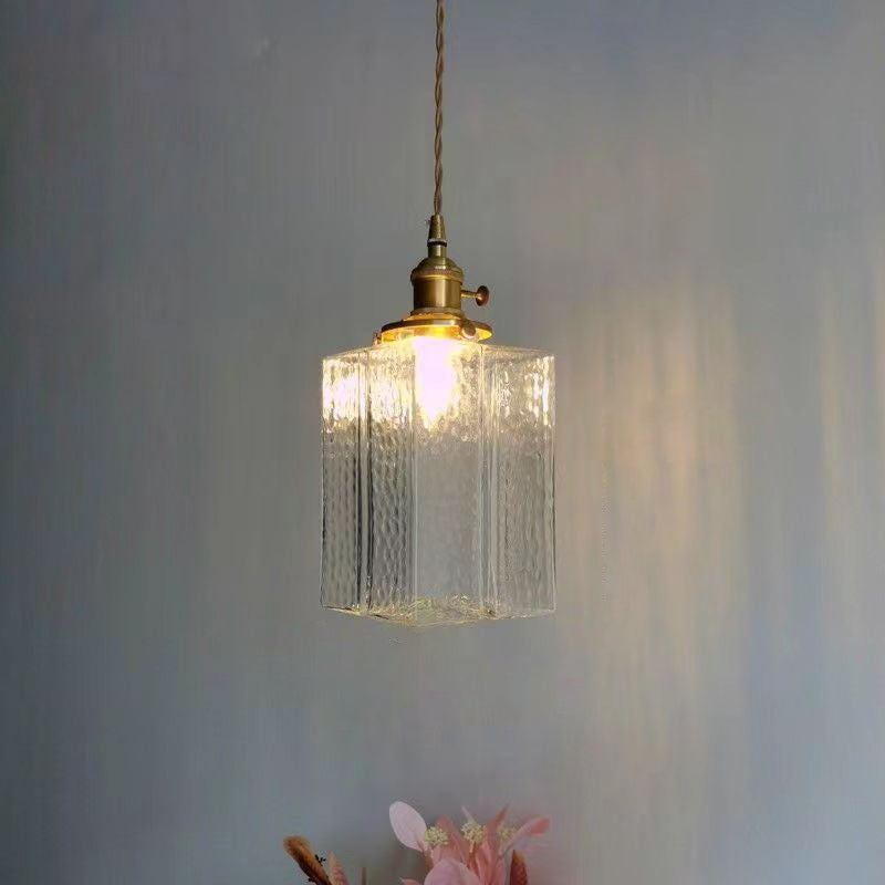 Traditional Japanese Glass Cube Shade Brass 1-Light Pendant Light For Living Room