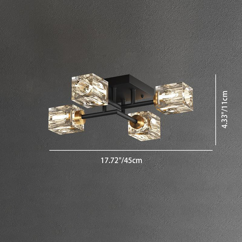 Contemporary Luxury Branch Rectangle Full Copper Crystal 4/6/8 Light Semi-Flush Mount Ceiling Light For Living Room