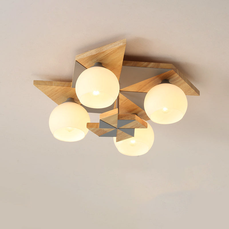 Contemporary Creative Windmill Orb Wood Iron Glass 4-Light Flush Mount Ceiling Light For Bedroom