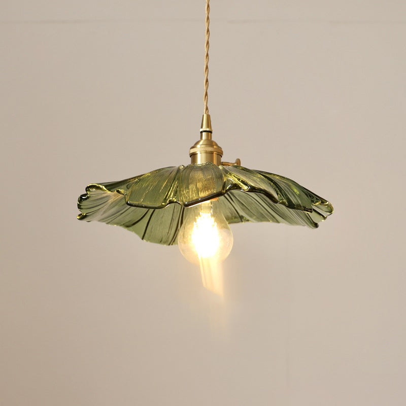 Traditional Vintage Lotus Leaf Glass Brass 1-Light Pendant Light For Living Room