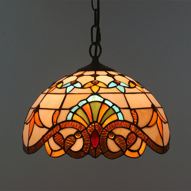 Traditional Tiffany Baroque Stained Glass Dome 1-Light Pendant Light For Living Room